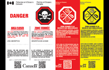•	A white, yellow and red image with the word "danger" and images of different shellfish species.