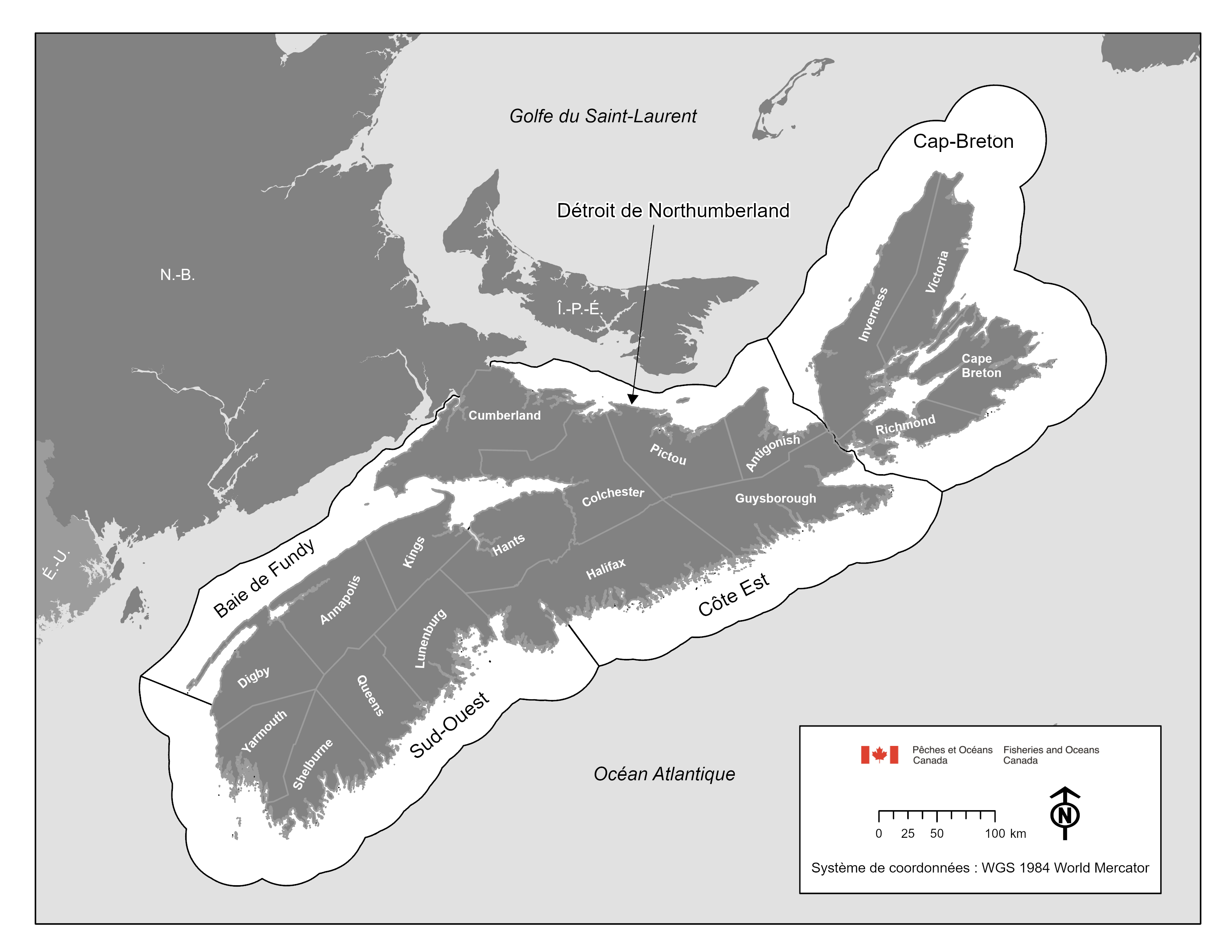 Carte des comtés et des sous-régions marines de la Nouvelle-Écosse